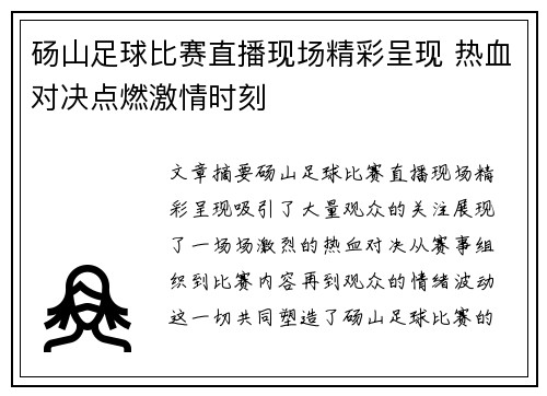 砀山足球比赛直播现场精彩呈现 热血对决点燃激情时刻